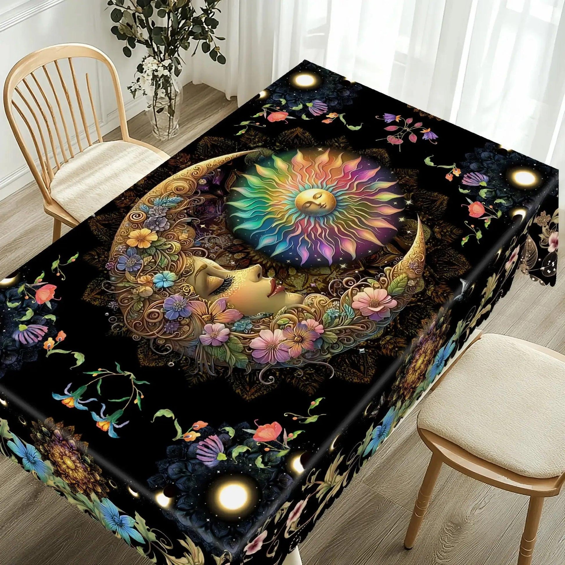 Bohemian Floral Sun and Moon Tablecloth Pagan Home Decor-MoonChildWorld