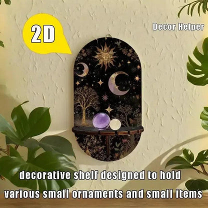 Bohemian Golden Star Moon Tree Wall Shelf – Wooden Mystical Floating Shelf Pagan Altar Decor-MoonChildWorld