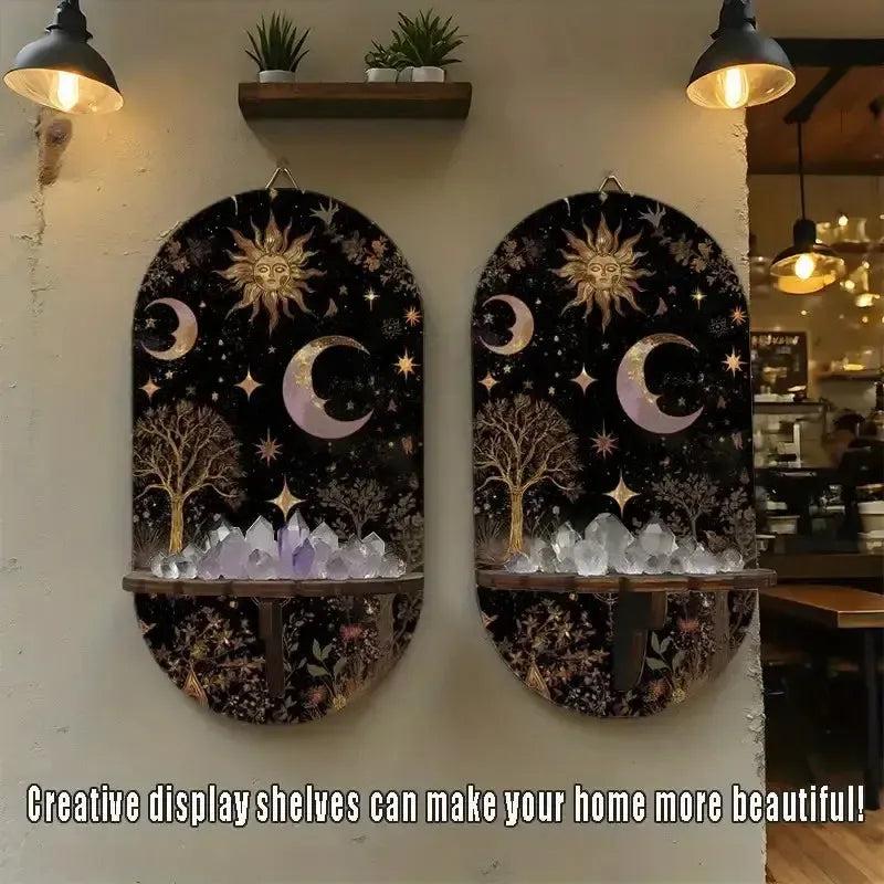 Bohemian Golden Star Moon Tree Wall Shelf – Wooden Mystical Floating Shelf Pagan Altar Decor-MoonChildWorld