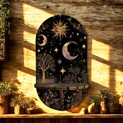 Bohemian Golden Star Moon Tree Wall Shelf – Wooden Mystical Floating Shelf Pagan Altar Decor-MoonChildWorld