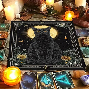 Bohemian Moon Black Cat Wicca Altar Cloth - Witchcraft Tarot Tablecloth for Reading Divination Pagan Home Decor-MoonChildWorld