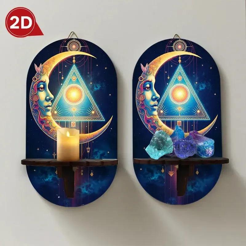 Bohemian Mystical Moon Wall Shelf for Crystals & Candles – Wooden Wicca Floating Shelf Pagan Altar Decor-MoonChildWorld