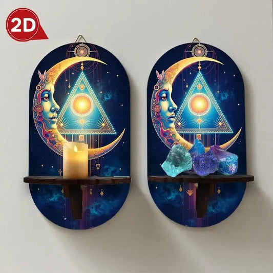 Bohemian Mystical Moon Wall Shelf for Crystals & Candles – Wooden Wicca Floating Shelf Pagan Altar Decor-MoonChildWorld