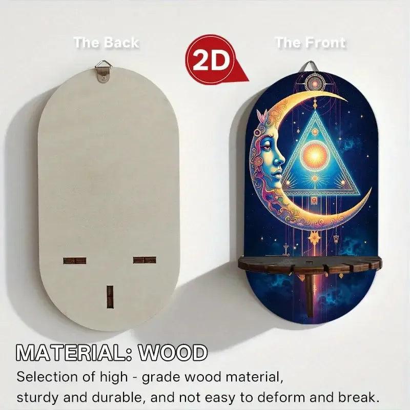 Bohemian Mystical Moon Wall Shelf for Crystals & Candles – Wooden Wicca Floating Shelf Pagan Altar Decor-MoonChildWorld