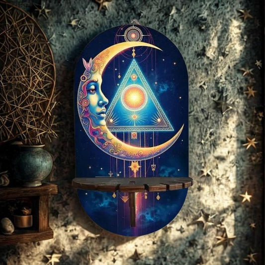 Bohemian Mystical Moon Wall Shelf for Crystals & Candles – Wooden Wicca Floating Shelf Pagan Altar Decor-MoonChildWorld