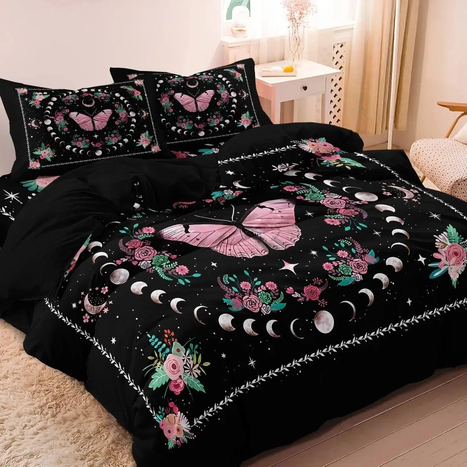 Bohemian Style Moon Phase Pink Butterfly Duvet Cover Set Witchy Bedding Set Pagan Home Decor-MoonChildWorld