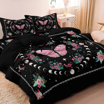 Bohemian Style Moon Phase Pink Butterfly Duvet Cover Set Witchy Bedding Set Pagan Home Decor-MoonChildWorld