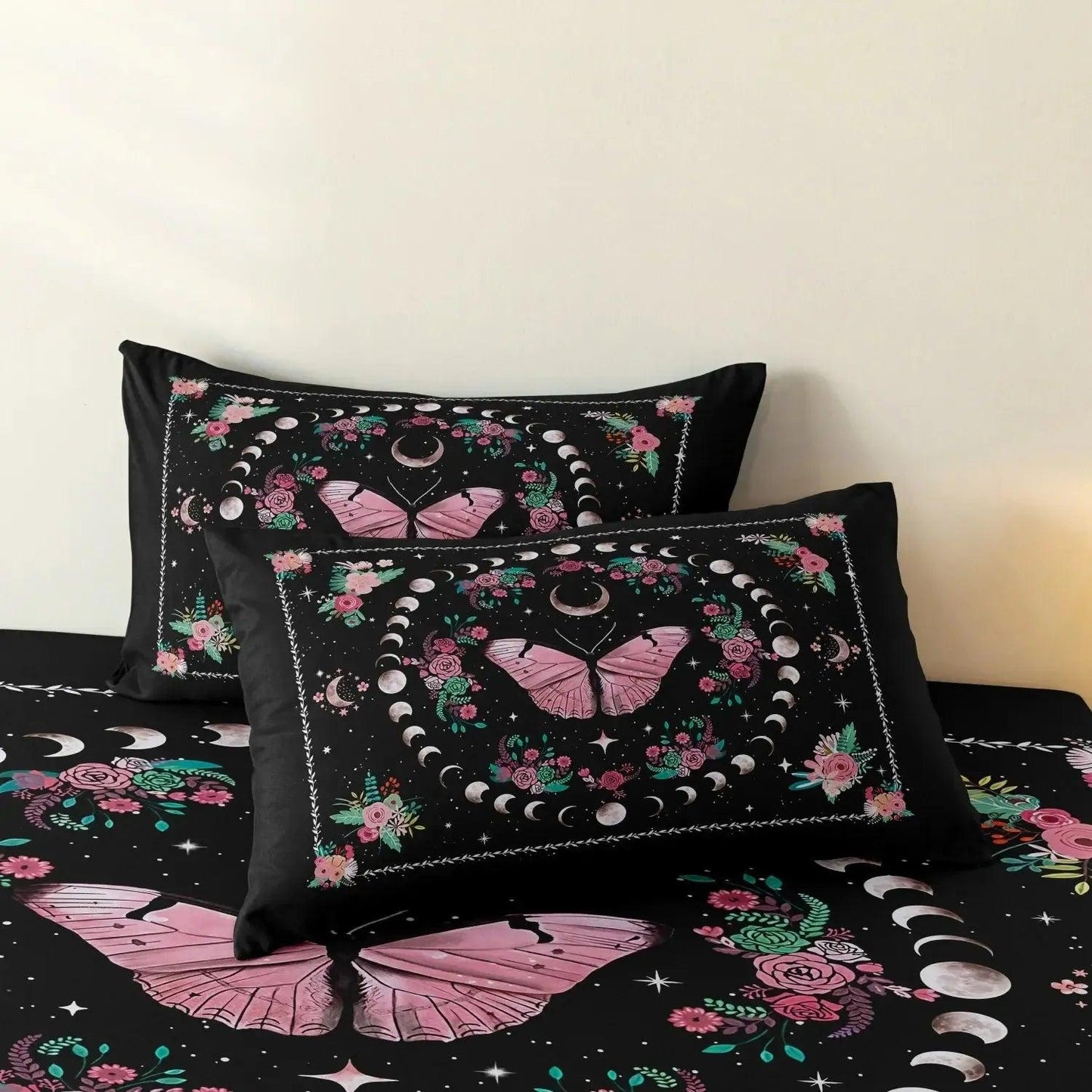 Bohemian Style Moon Phase Pink Butterfly Duvet Cover Set Witchy Bedding Set Pagan Home Decor-MoonChildWorld