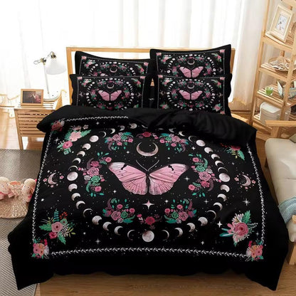 Bohemian Style Moon Phase Pink Butterfly Duvet Cover Set Witchy Bedding Set Pagan Home Decor-MoonChildWorld