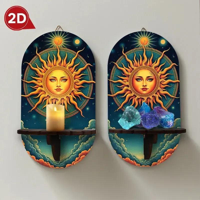 Bohemian Sun Goddess Wall Shelf for Crystals & Candles – Wooden Wicca Floating Shelf Pagan Altar Decor-MoonChildWorld