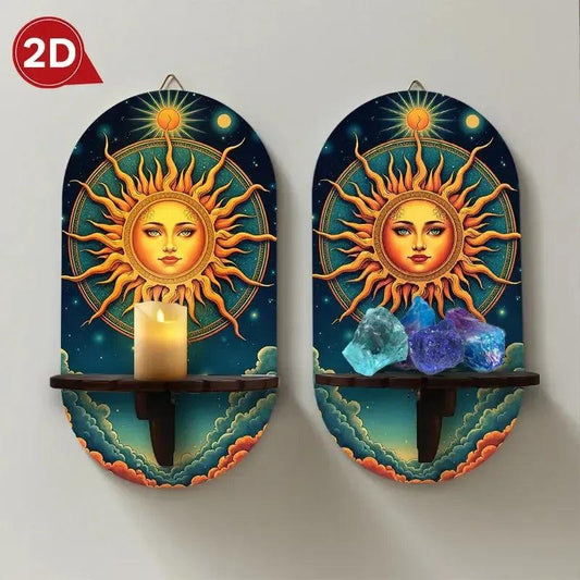 Bohemian Sun Goddess Wall Shelf for Crystals & Candles – Wooden Wicca Floating Shelf Pagan Altar Decor-MoonChildWorld