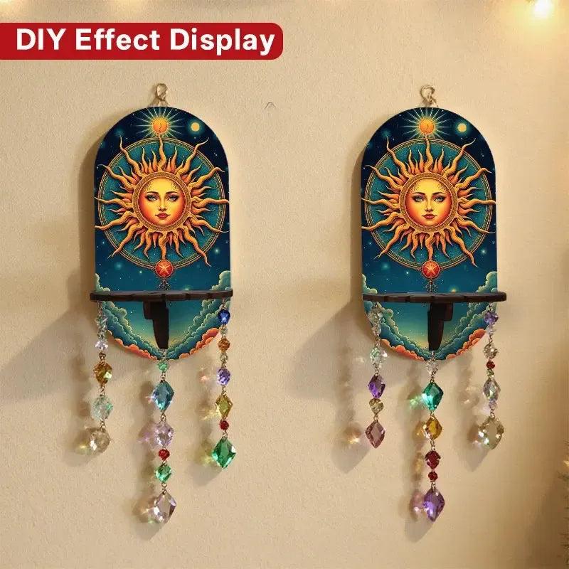 Bohemian Sun Goddess Wall Shelf for Crystals & Candles – Wooden Wicca Floating Shelf Pagan Altar Decor-MoonChildWorld
