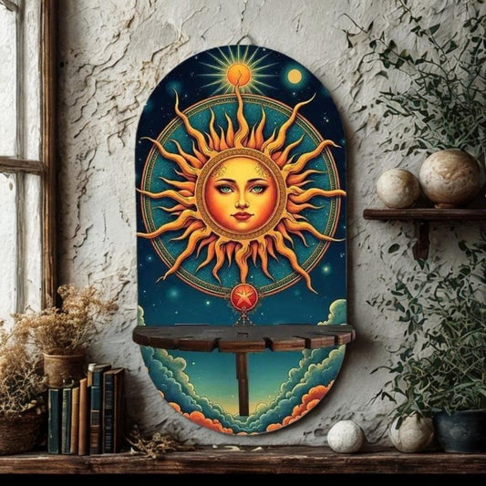 Bohemian Sun Goddess Wall Shelf for Crystals & Candles – Wooden Wicca Floating Shelf Pagan Altar Decor-MoonChildWorld