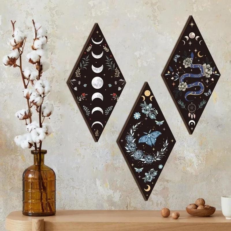 Boho Moon Phase Wall Decor 4pcs - Gothic Moth Wooden Hanging Art for Witchy Home Decor-MoonChildWorld