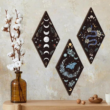 Boho Moon Phase Wall Decor 4pcs - Gothic Moth Wooden Hanging Art for Witchy Home Decor-MoonChildWorld