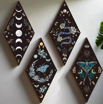 Boho Moon Phase Wall Decor 4pcs - Gothic Moth Wooden Hanging Art for Witchy Home Decor-MoonChildWorld