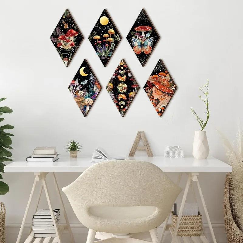 Boho Mushroom Moon Phases Wall Decor Set 6pcs - Wicca Sun Moon Wooden Hanging Signs for Witchy Home Decor-MoonChildWorld
