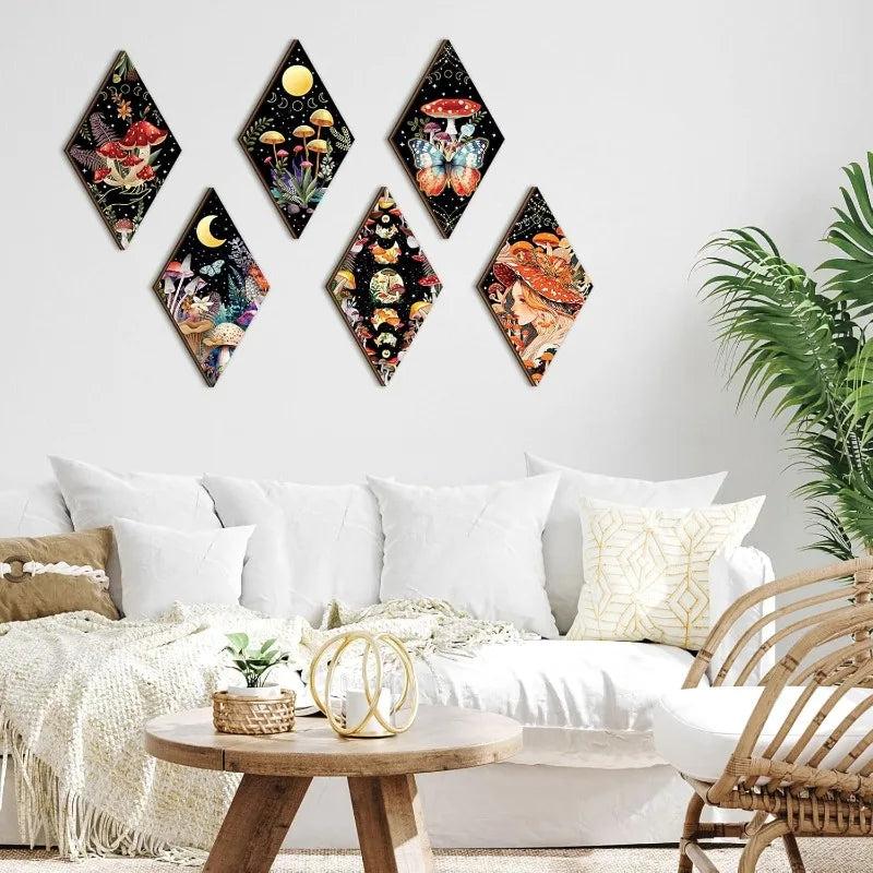 Boho Mushroom Moon Phases Wall Decor Set 6pcs - Wicca Sun Moon Wooden Hanging Signs for Witchy Home Decor-MoonChildWorld