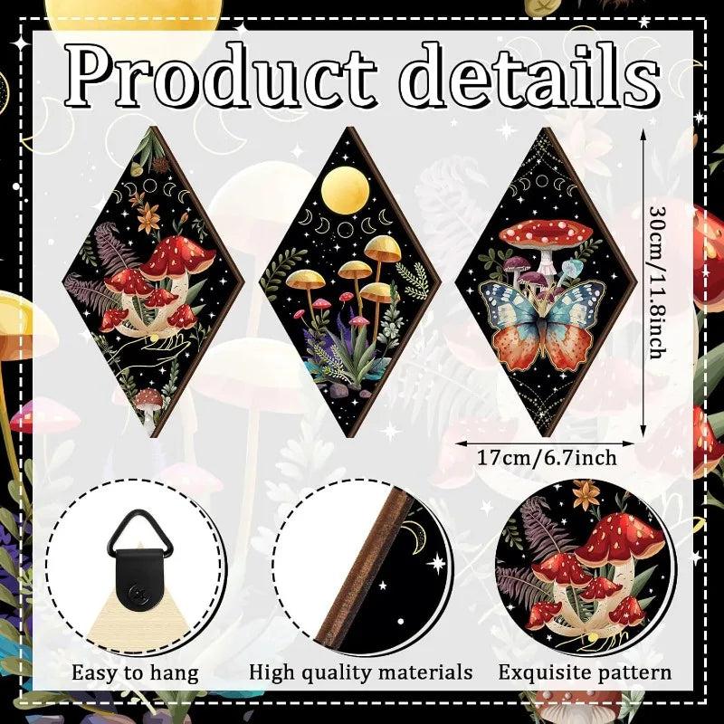 Boho Mushroom Moon Phases Wall Decor Set 6pcs - Wicca Sun Moon Wooden Hanging Signs for Witchy Home Decor-MoonChildWorld