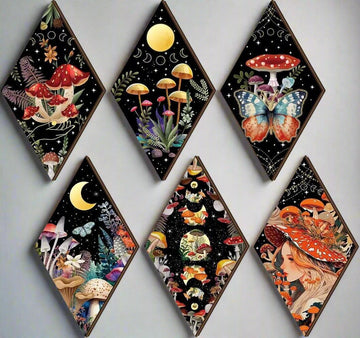 Boho Mushroom Moon Phases Wall Decor Set 6pcs - Wicca Sun Moon Wooden Hanging Signs for Witchy Home Decor-MoonChildWorld