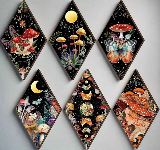 Boho Mushroom Moon Phases Wall Decor Set 6pcs - Wicca Sun Moon Wooden Hanging Signs for Witchy Home Decor-MoonChildWorld