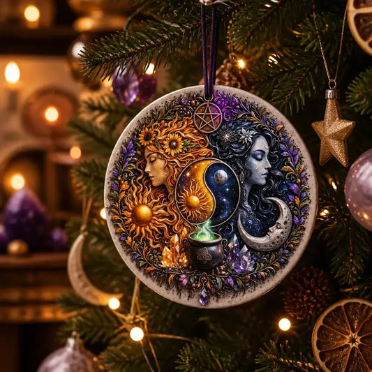 Boho Sun and Moon Goddess Wicca Christmas Ceramic Ornament – Pagan Yule Decor_mockup_1.webp