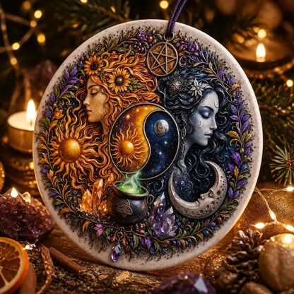 Boho Sun and Moon Goddess Wicca Christmas Ceramic Ornament – Pagan Yule Decor_mockup_2.webp