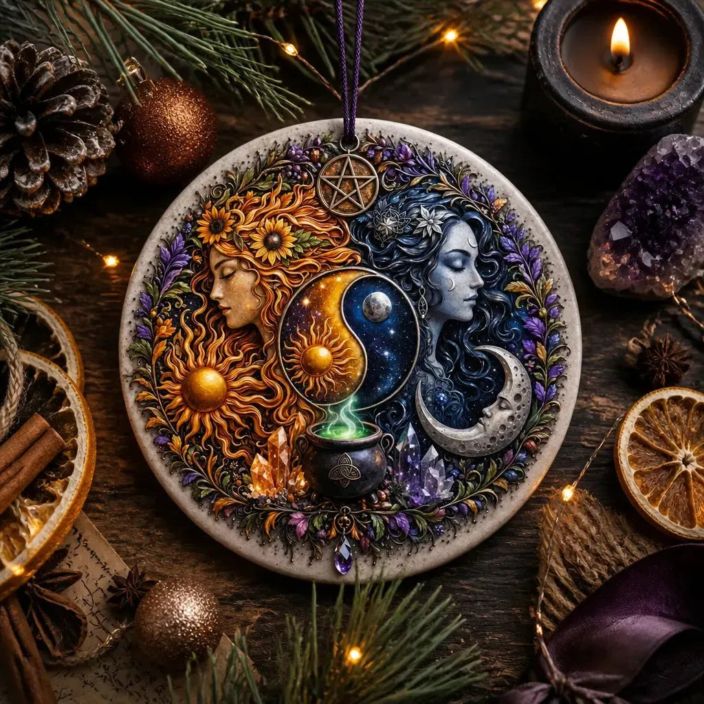 Boho Sun and Moon Goddess Wicca Christmas Ceramic Ornament – Pagan Yule Decor_mockup_3.webp