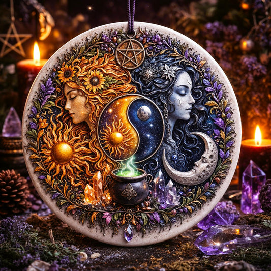 Boho Sun and Moon Goddess Wicca Christmas Ceramic Ornament – Pagan Yule Decor-MoonChildWorld