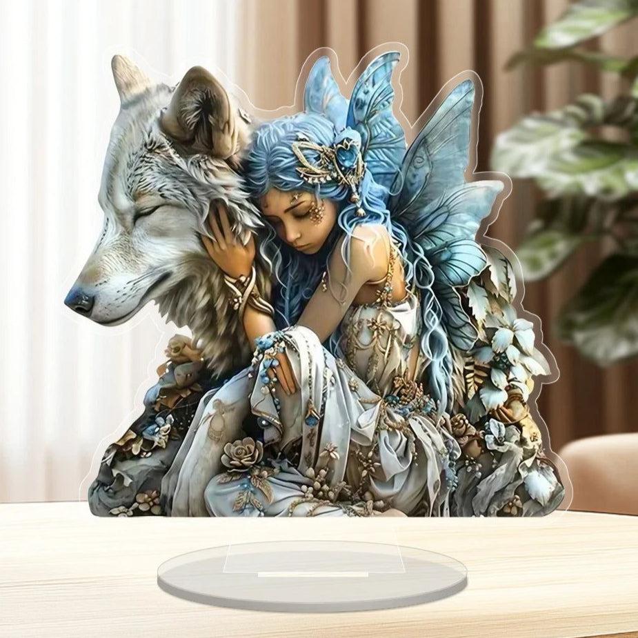 Boho Wolf & Angel Acrylic Decorative Plaque Desktop Decor Mystic Table Ornament-MoonChildWorld