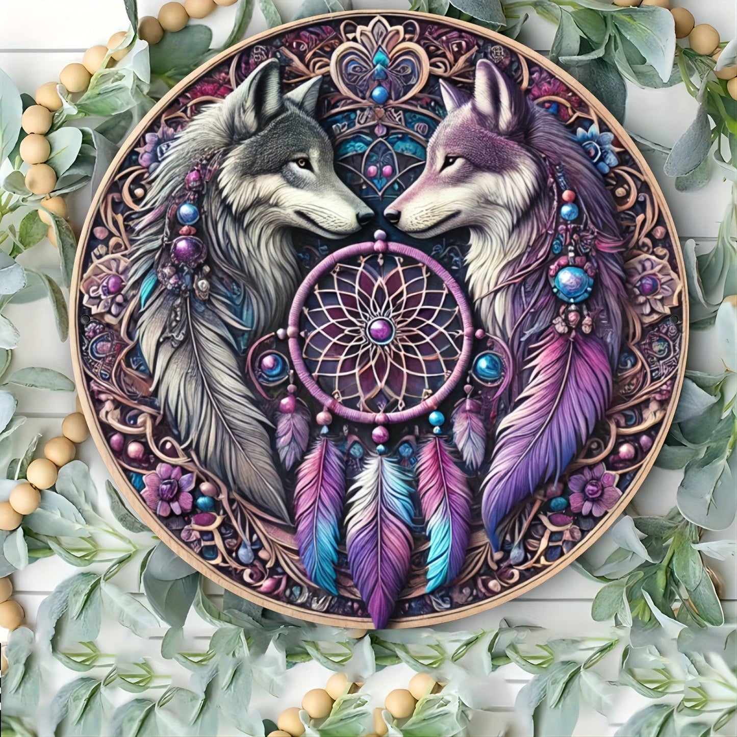 Dreamcatcher Wolves Wall Art Spirit Wolf Metal Sign for Bohemian Decorations-MoonChildWorld
