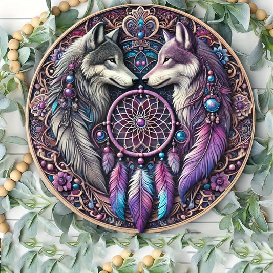 Dreamcatcher Wolves Wall Art Spirit Wolf Metal Sign for Bohemian Decorations-MoonChildWorld