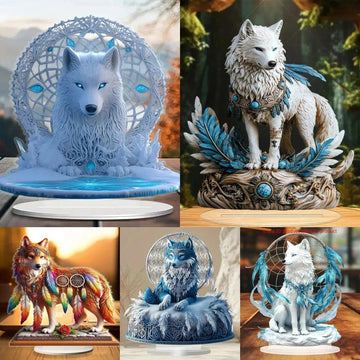 Bohemian Wolf Statue 2D Flat Acrylic Table Ornament Wolf Desktop Decor-MoonChildWorld