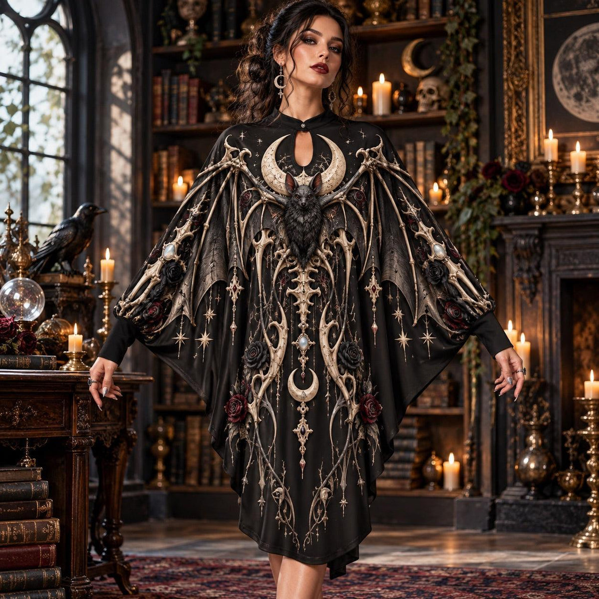 Bone Bat Reliquary Gothic Batwing Dress – Witchy Rose Moon Midi – worn, front view