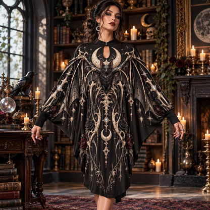 Bone Bat Reliquary Gothic Batwing Dress – Witchy Rose Moon Midi – worn, front view