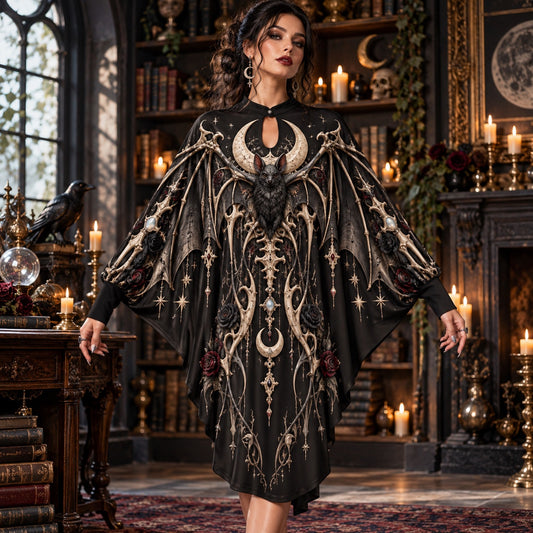 Bone Bat Reliquary Gothic Batwing Dress – Witchy Rose Moon Midi – worn, front view