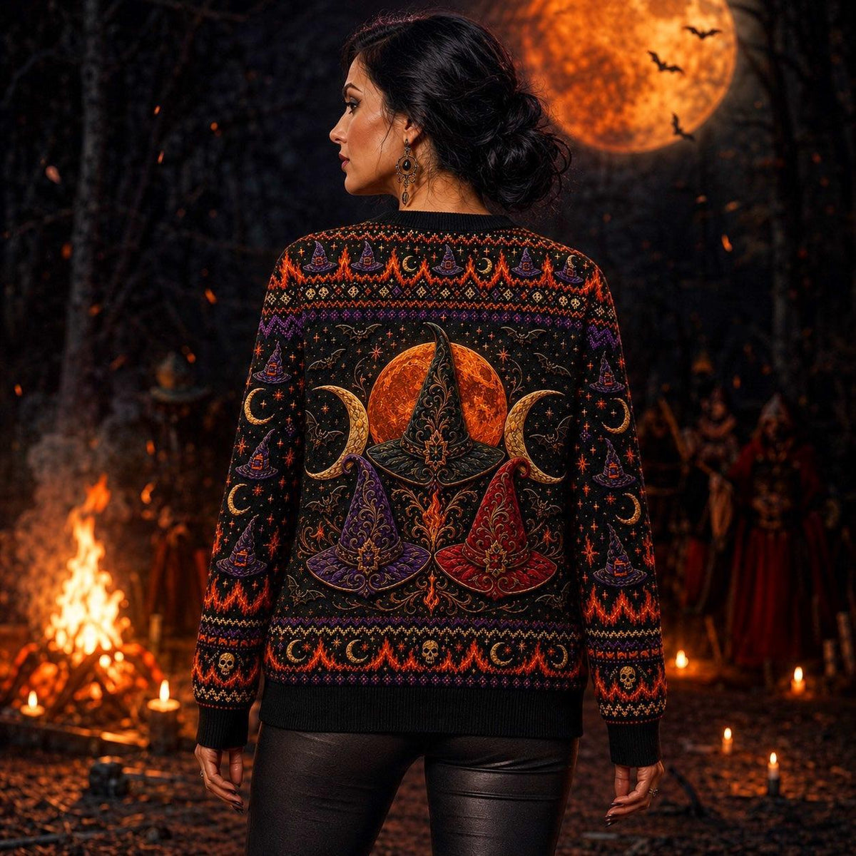 Bonfire Coven Sweater Witch Hat Harvest Moon Samhain Knit worn, back view