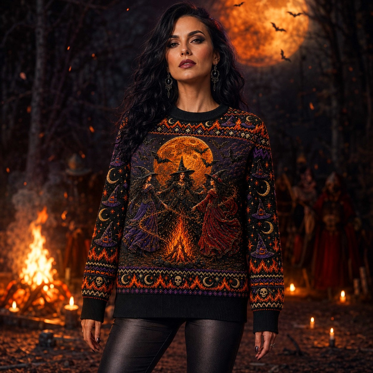 Bonfire Coven Sweater Witch Hat Harvest Moon Samhain Knit worn, front view