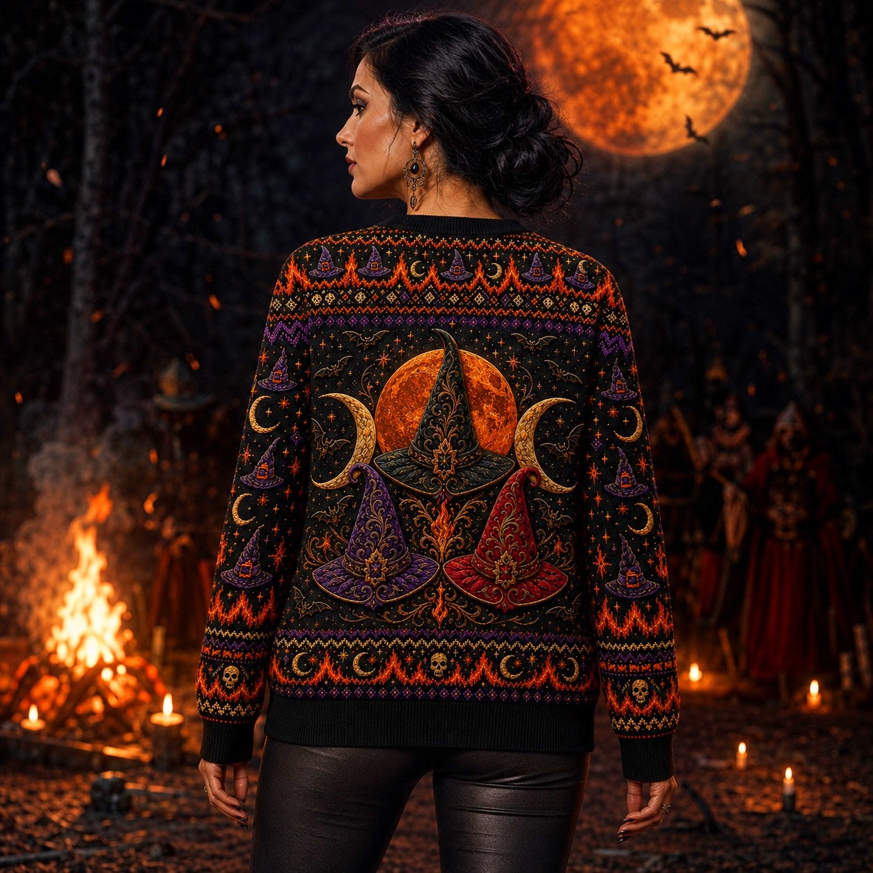 Bonfire Coven Sweater Witch Hat Harvest Moon Samhain Knit worn, back view