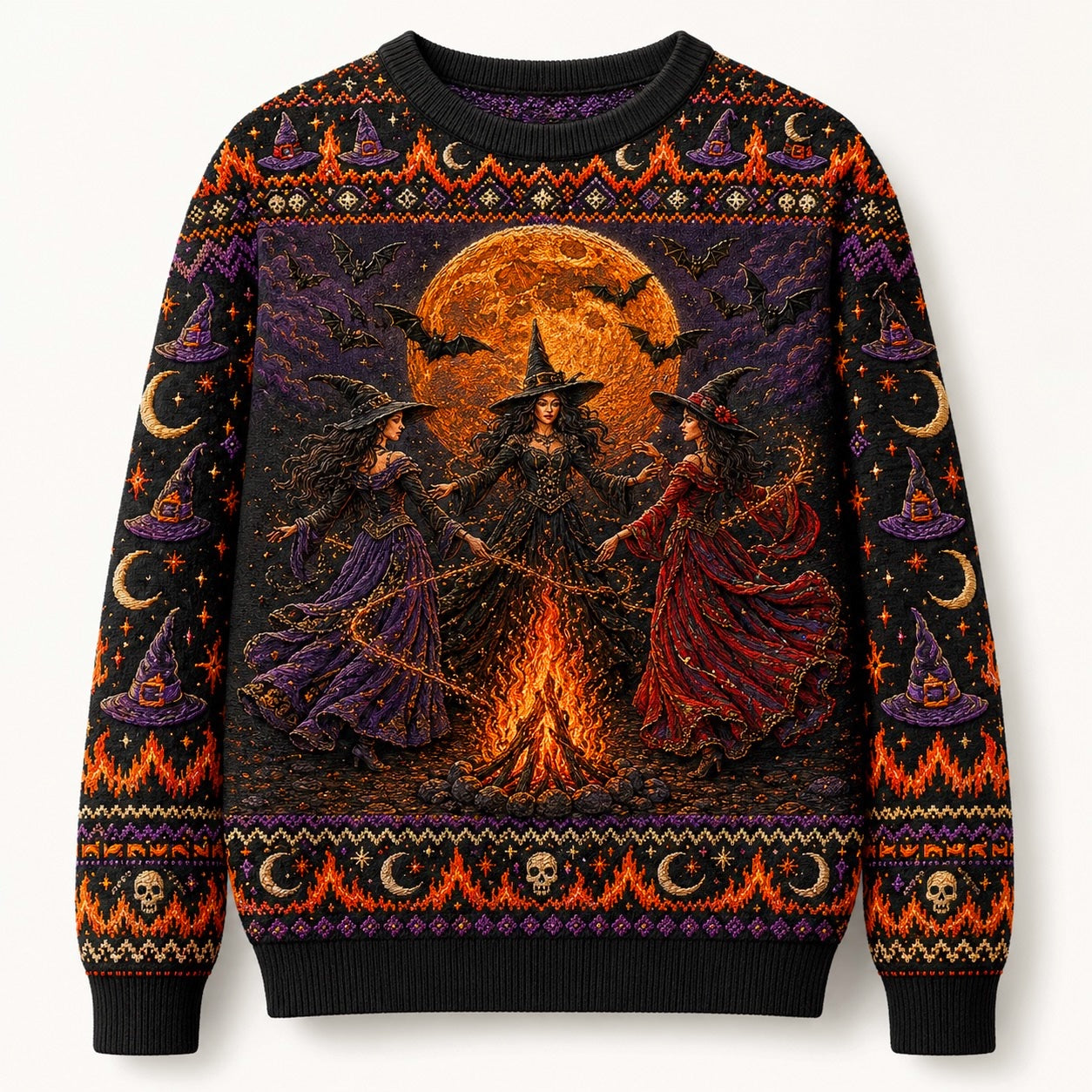 Bonfire Coven Sweater Witch Hat Harvest Moon Samhain Knit front view