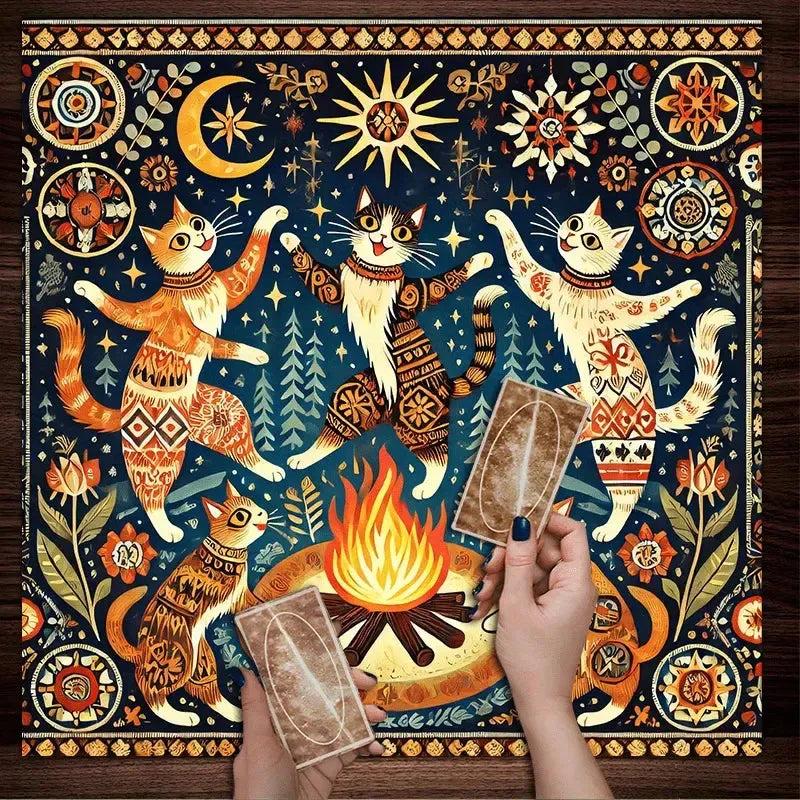 Bonfire Dancing Cat Sun Moon Tarot Tablecloth Witchy Altar Cloth Wicca Divination Cloth-MoonChildWorld