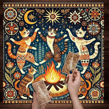 Bonfire Dancing Cat Sun Moon Tarot Tablecloth Witchy Altar Cloth Wicca Divination Cloth-MoonChildWorld