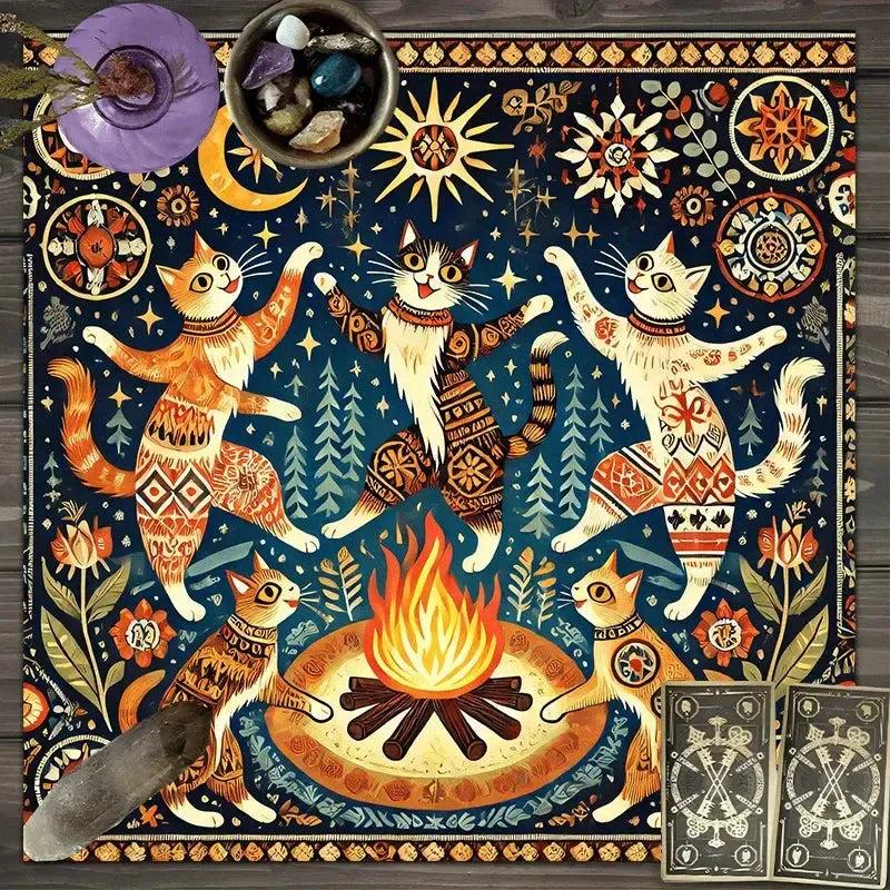 Bonfire Dancing Cat Sun Moon Tarot Tablecloth Witchy Altar Cloth Wicca Divination Cloth-MoonChildWorld