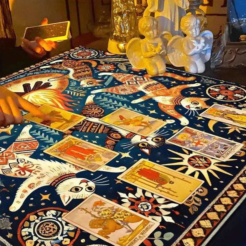 Bonfire Dancing Cat Sun Moon Tarot Tablecloth Witchy Altar Cloth Wicca Divination Cloth-MoonChildWorld