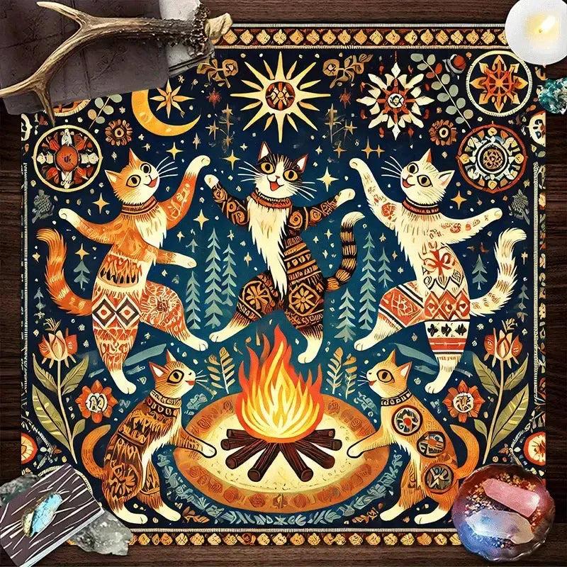 Bonfire Dancing Cat Sun Moon Tarot Tablecloth Witchy Altar Cloth Wicca Divination Cloth-MoonChildWorld