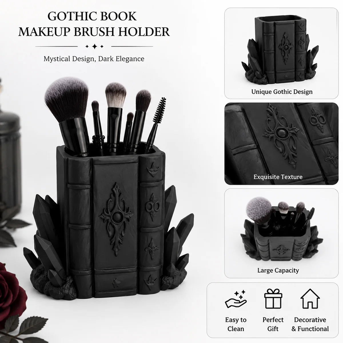 Book and Crystal Pen Holder Gothic Resin Desk Organizer-MoonChildWorld