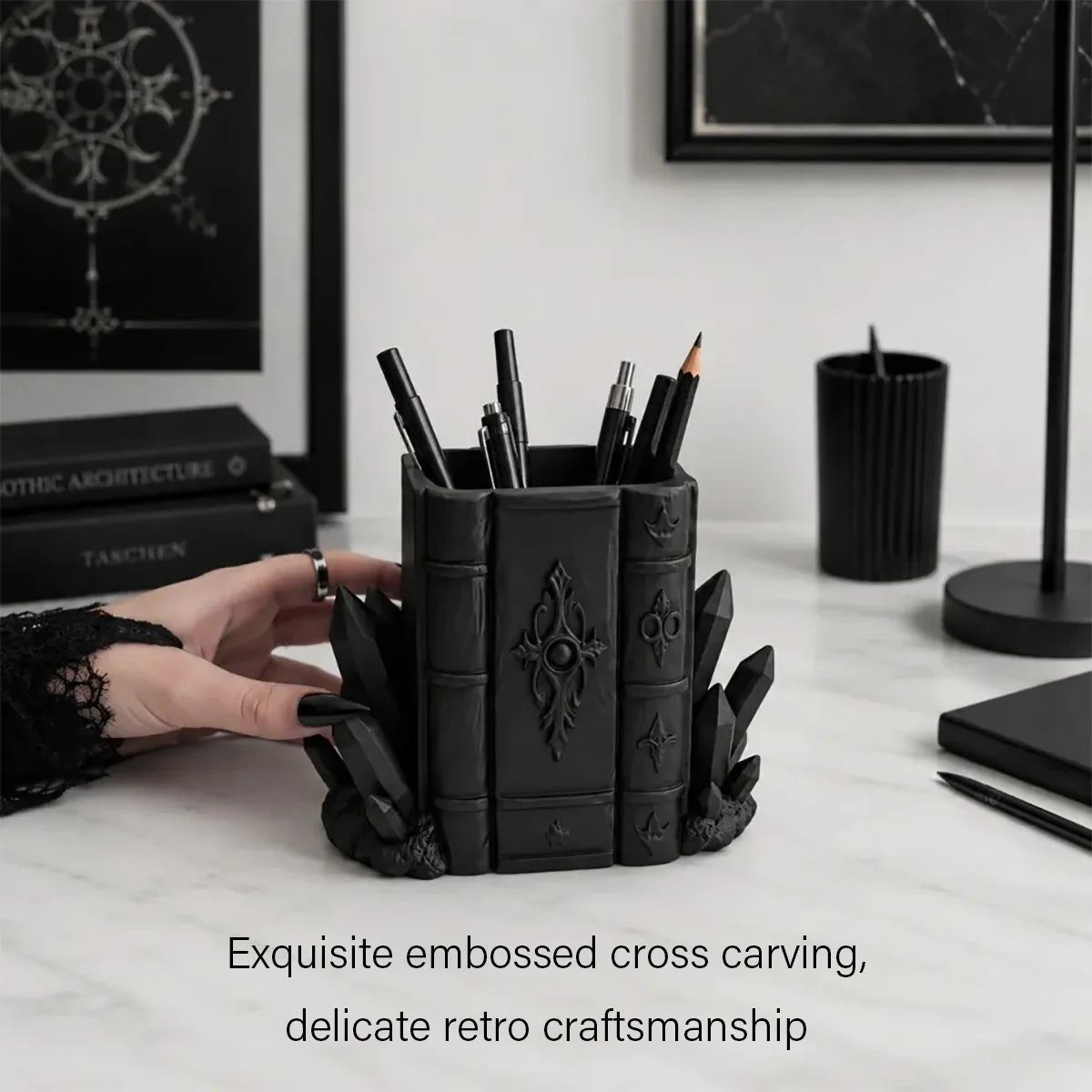 Book and Crystal Pen Holder Gothic Resin Desk Organizer-MoonChildWorld