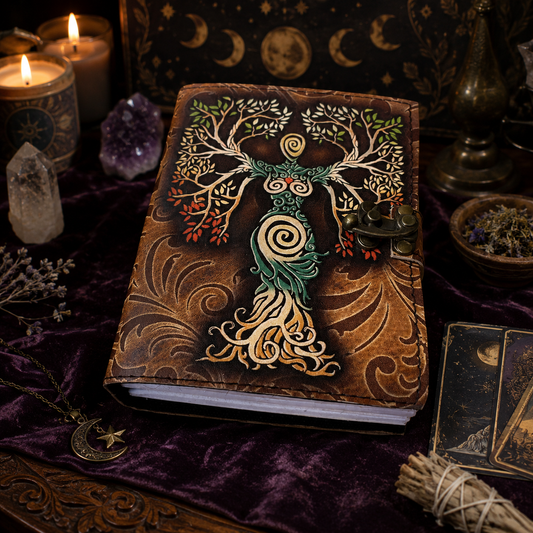 Book of Shadows journal with lock clasp – handmade leather witch grimoire, blank deckle pages, view 1