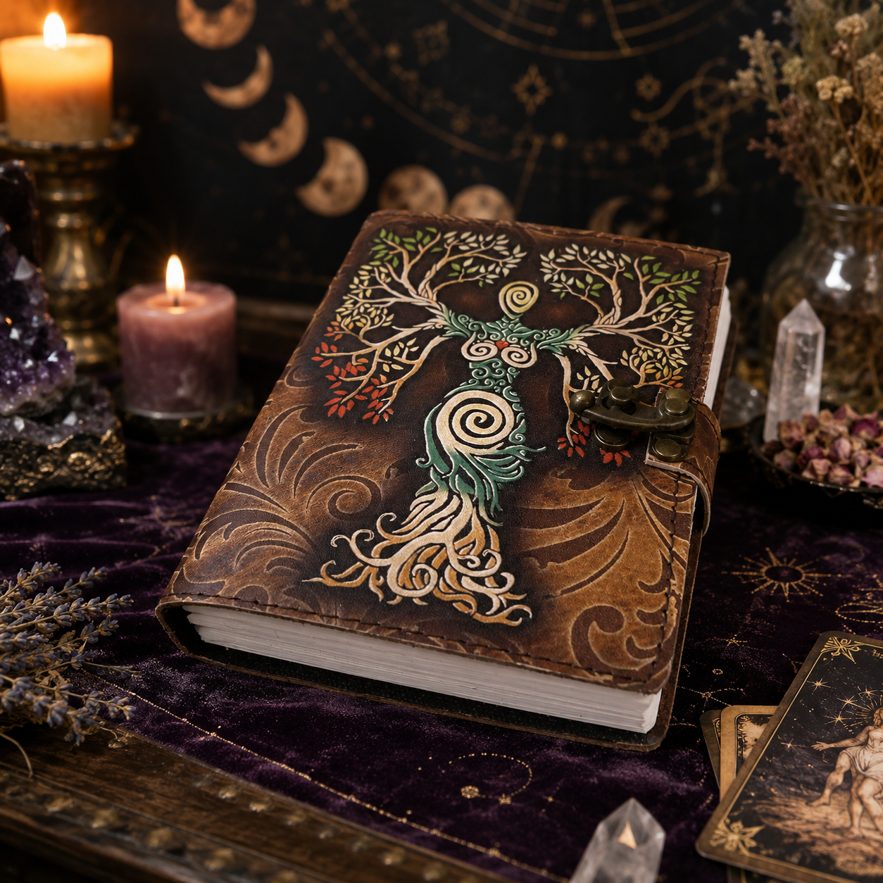 Book of Shadows journal with lock clasp – handmade leather witch grimoire, blank deckle pages, view 3