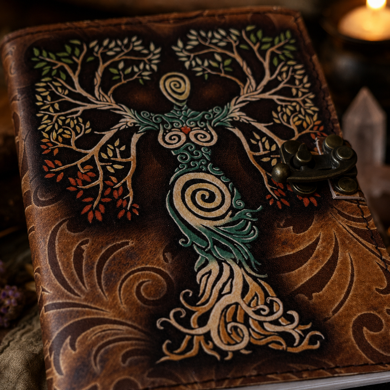 Book of Shadows journal with lock clasp – handmade leather witch grimoire, blank deckle pages, view 4